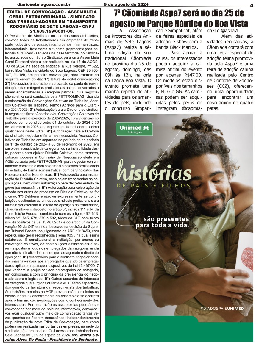 Jornal Diário Sete Lagoas de sexta-feira dia 9 de agosto de 2024