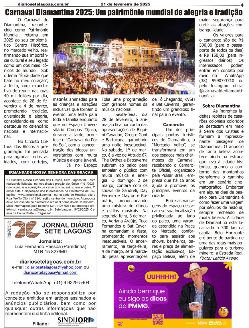 Jornal Diário Sete Lagoas de sexta-feira dia 21 de fevereiro de 2025