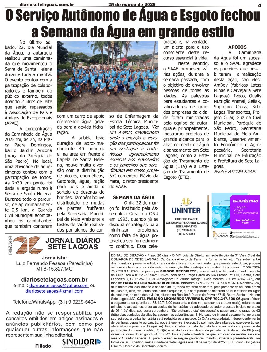 Jornal Diário Sete Lagoas de terça-feira dia 25 de março de 2025