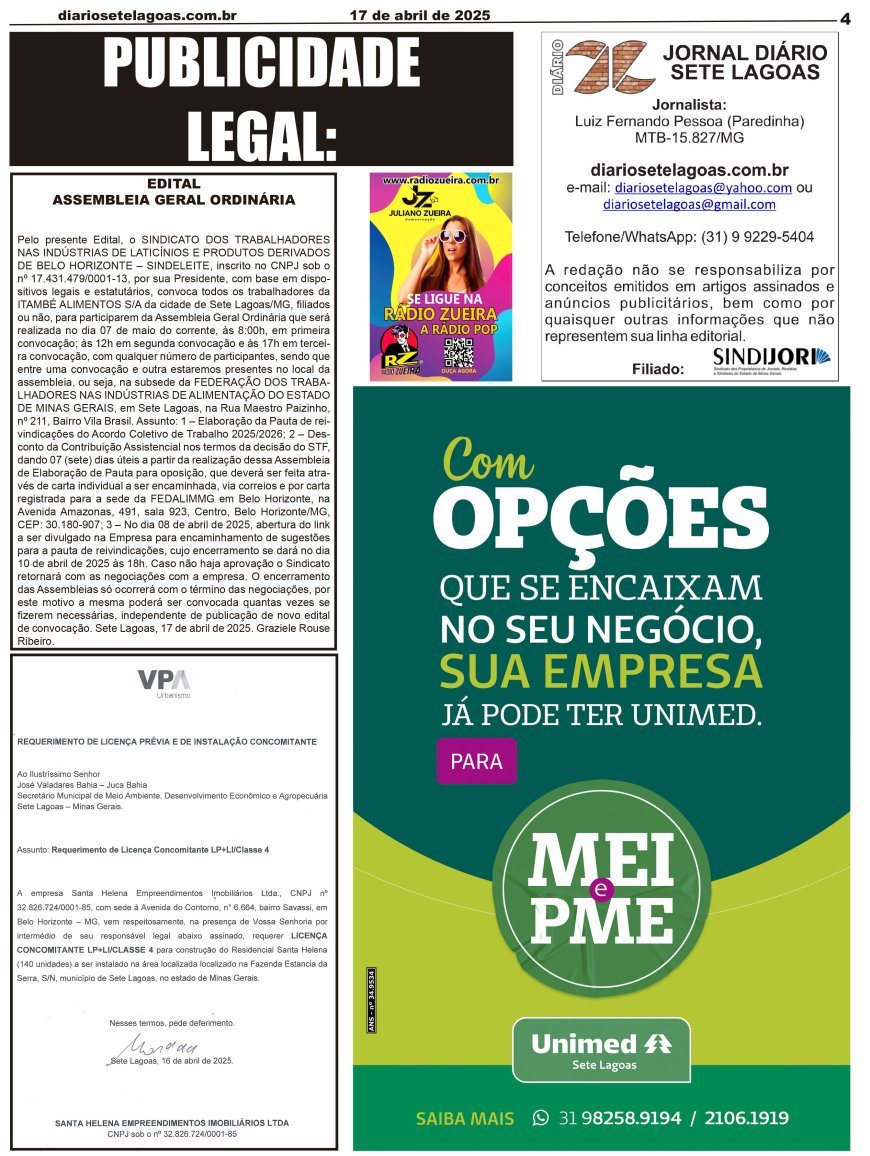 Jornal Diário Sete Lagoas de quinta-feira dia 17 de abril de 2025