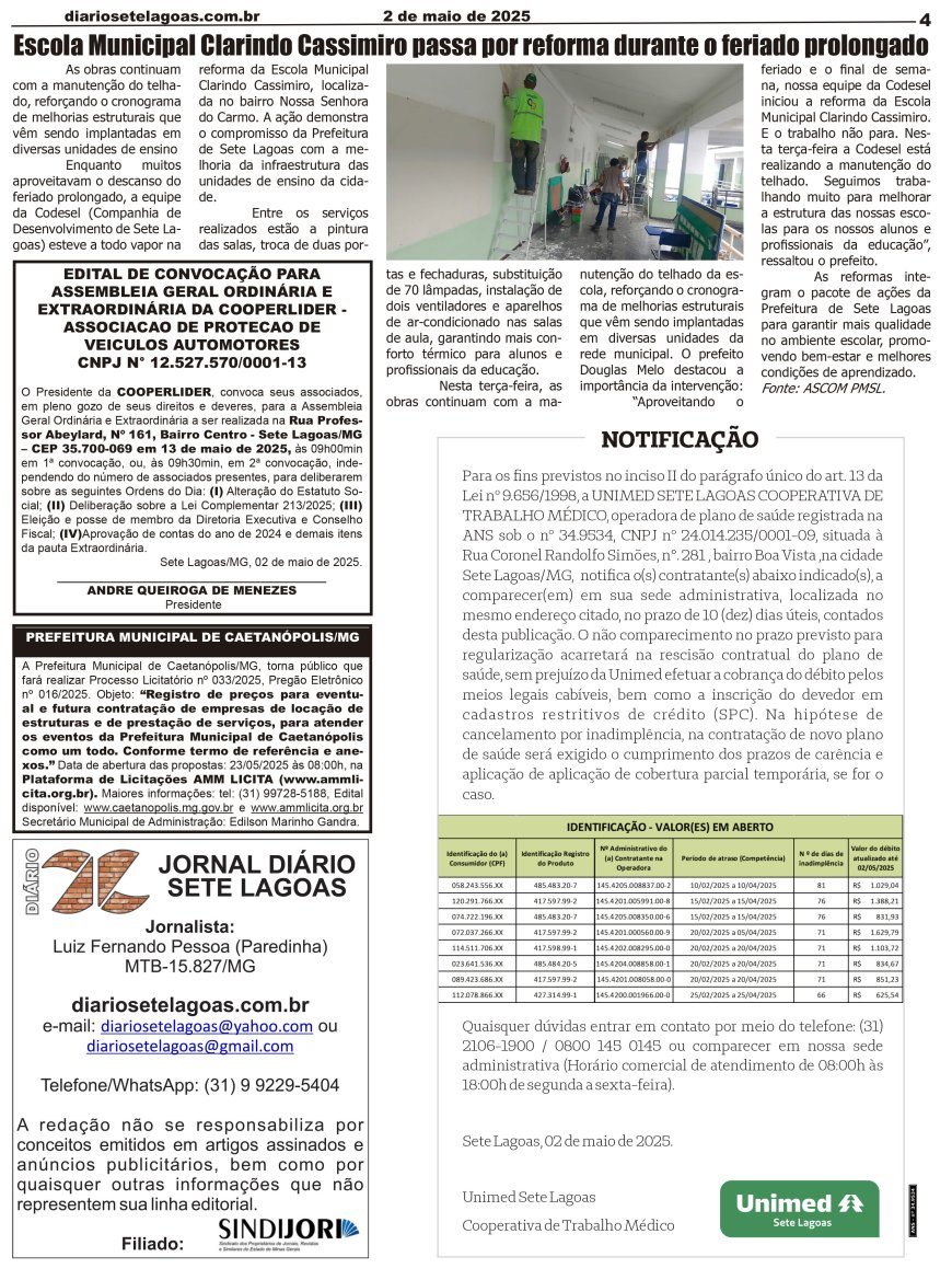 Jornal Diário Sete Lagoas de sexta-feira dia 2 de maio de 2025