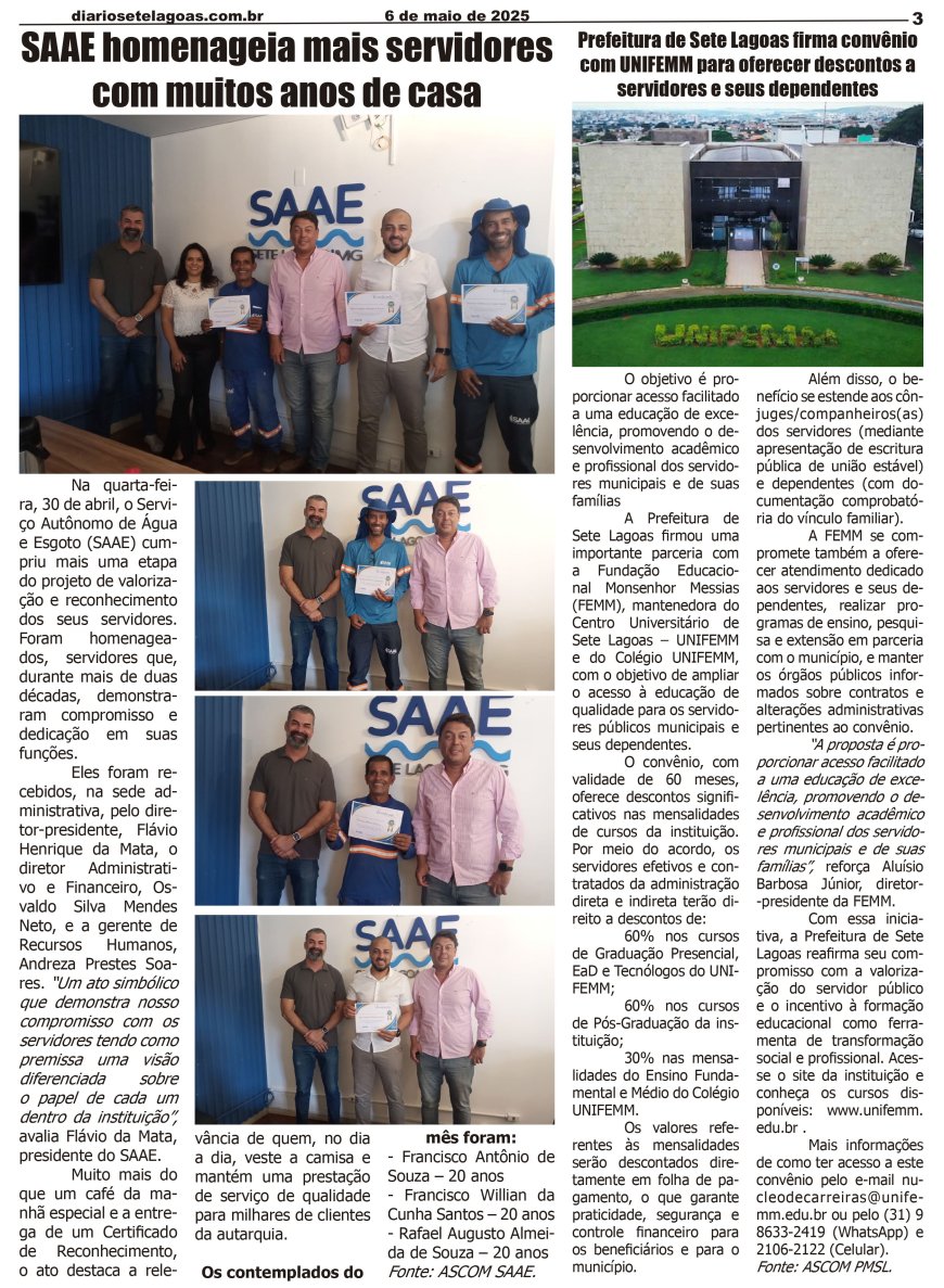 Jornal Diário Sete Lagoas de terça-feira dia 6 de maio de 2025