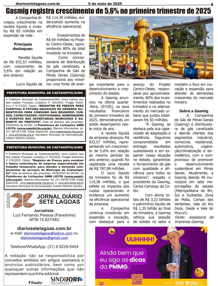 Jornal Diário Sete Lagoas de sexta-feira dia 9 de maio de 2025