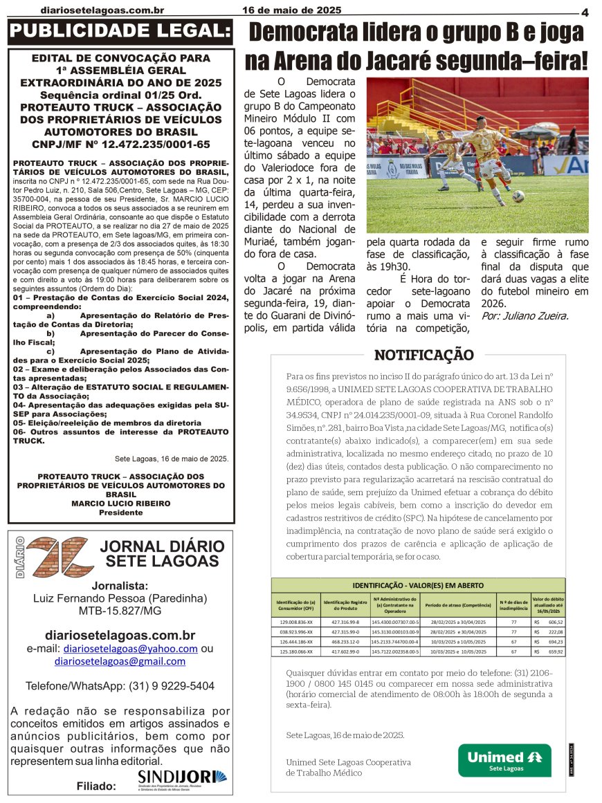 Jornal Diário Sete Lagoas de sexta-feira dia 16 de maio de 2025