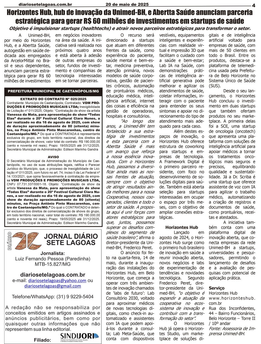 Jornal Diário Sete Lagoas de terça-feira dia 20 de maio de 2025