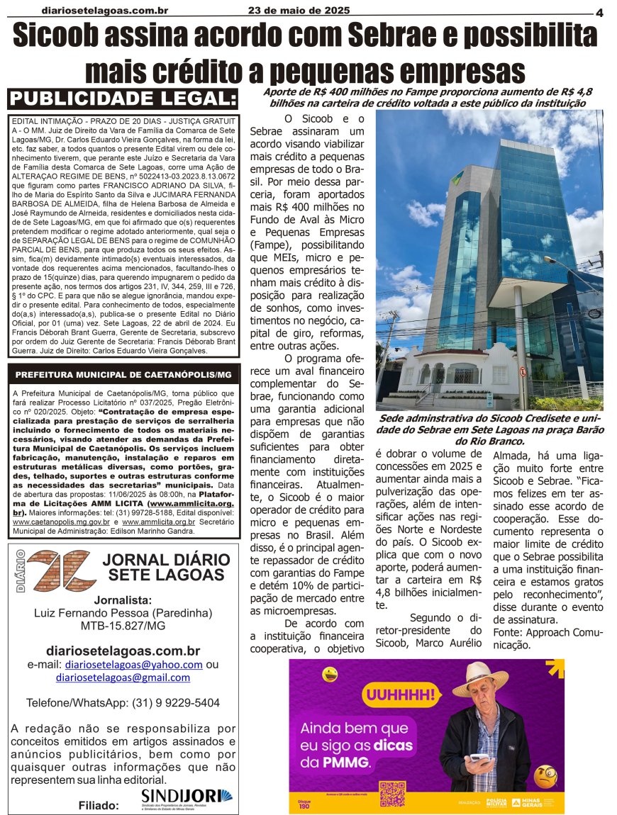 Jornal Diário Sete Lagoas de sexta-feira dia 23 de maio de 2025