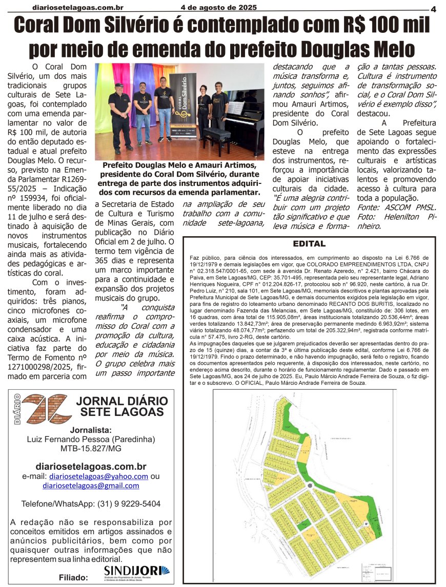 Jornal Diário Sete Lagoas de segunda-feira dia 4 de agosto de 2025