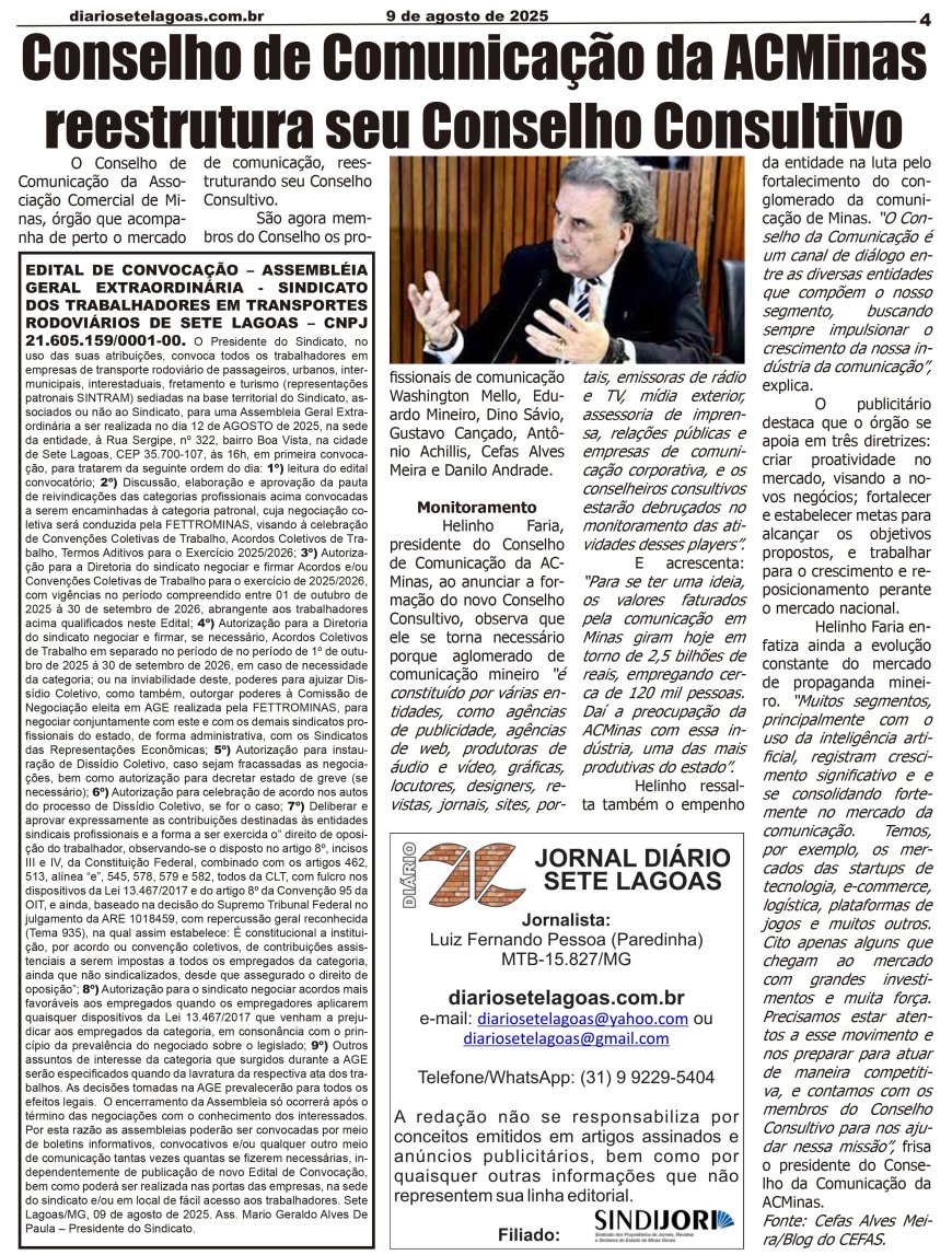 Jornal Diário Sete Lagoas de sábado dia 9 de agosto de 2025