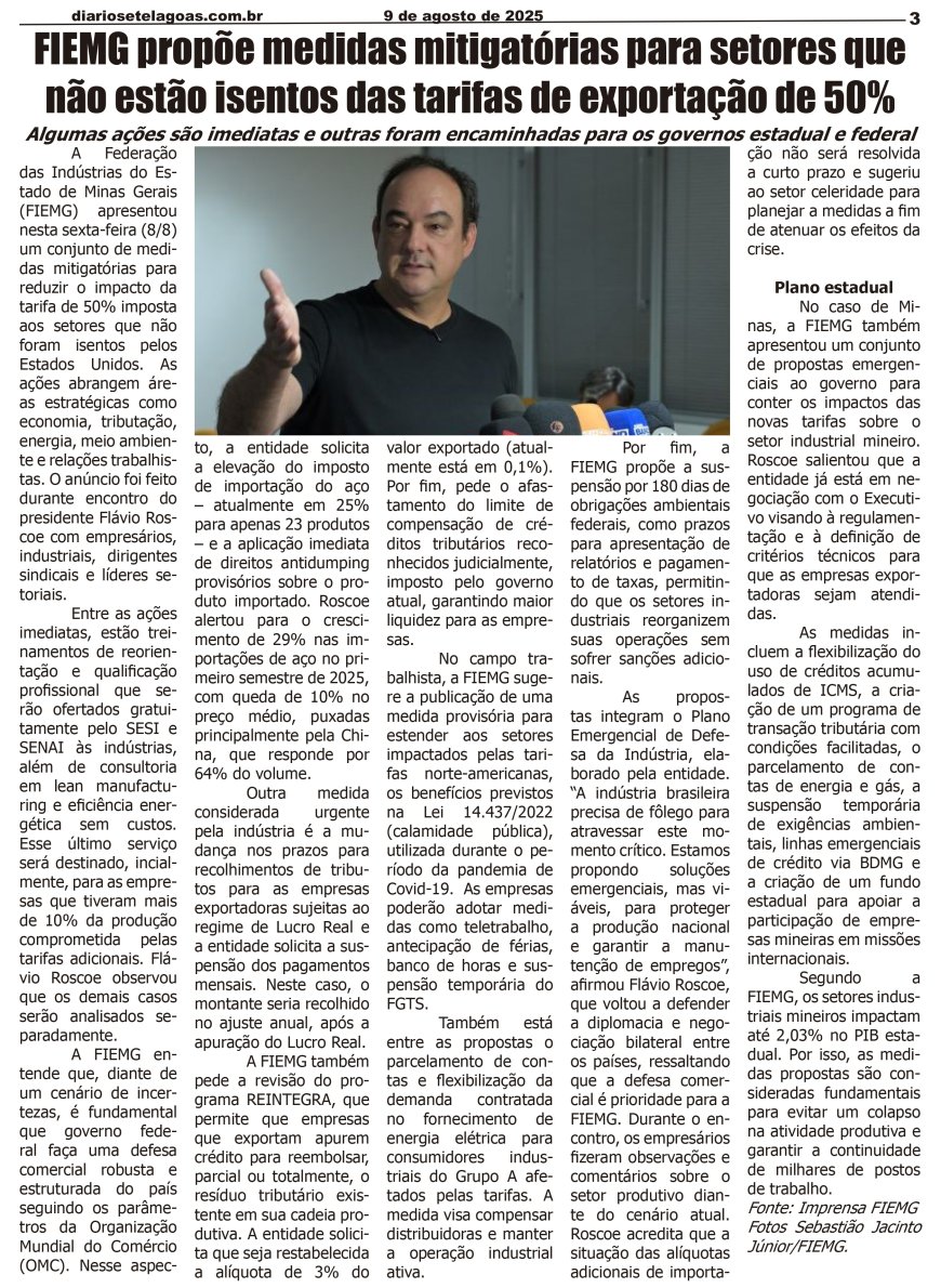Jornal Diário Sete Lagoas de sábado dia 9 de agosto de 2025