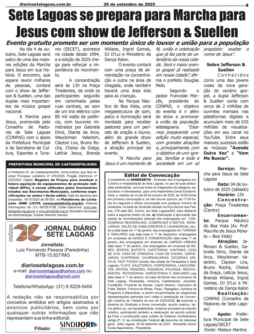 Jornal Diário Sete Lagoas de sexta-feira dia 26 de setembro de 2025