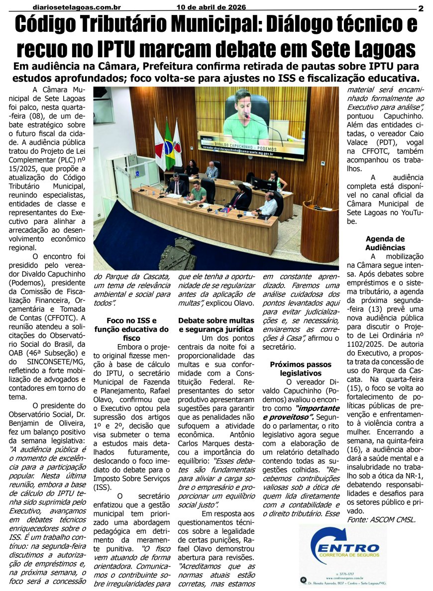 Jornal Diário Sete Lagoas de sexta-feira dia 10 de abril de 2026