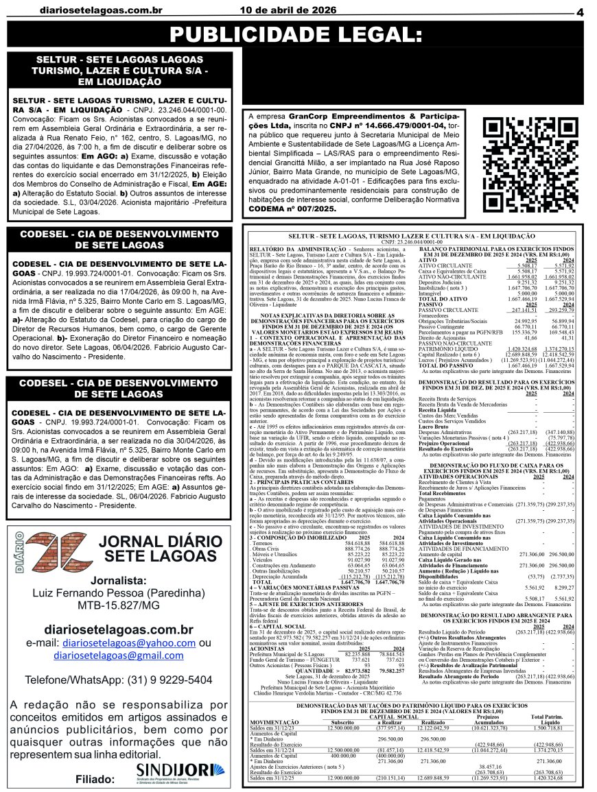 Jornal Diário Sete Lagoas de sexta-feira dia 10 de abril de 2026