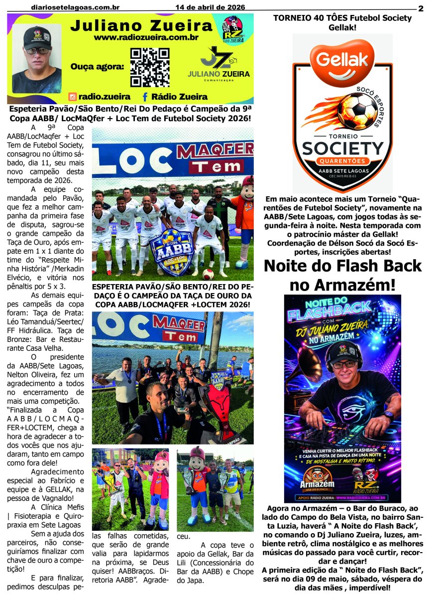 Jornal Diário Sete Lagoas de terça-feira dia 14 de abril de 2026