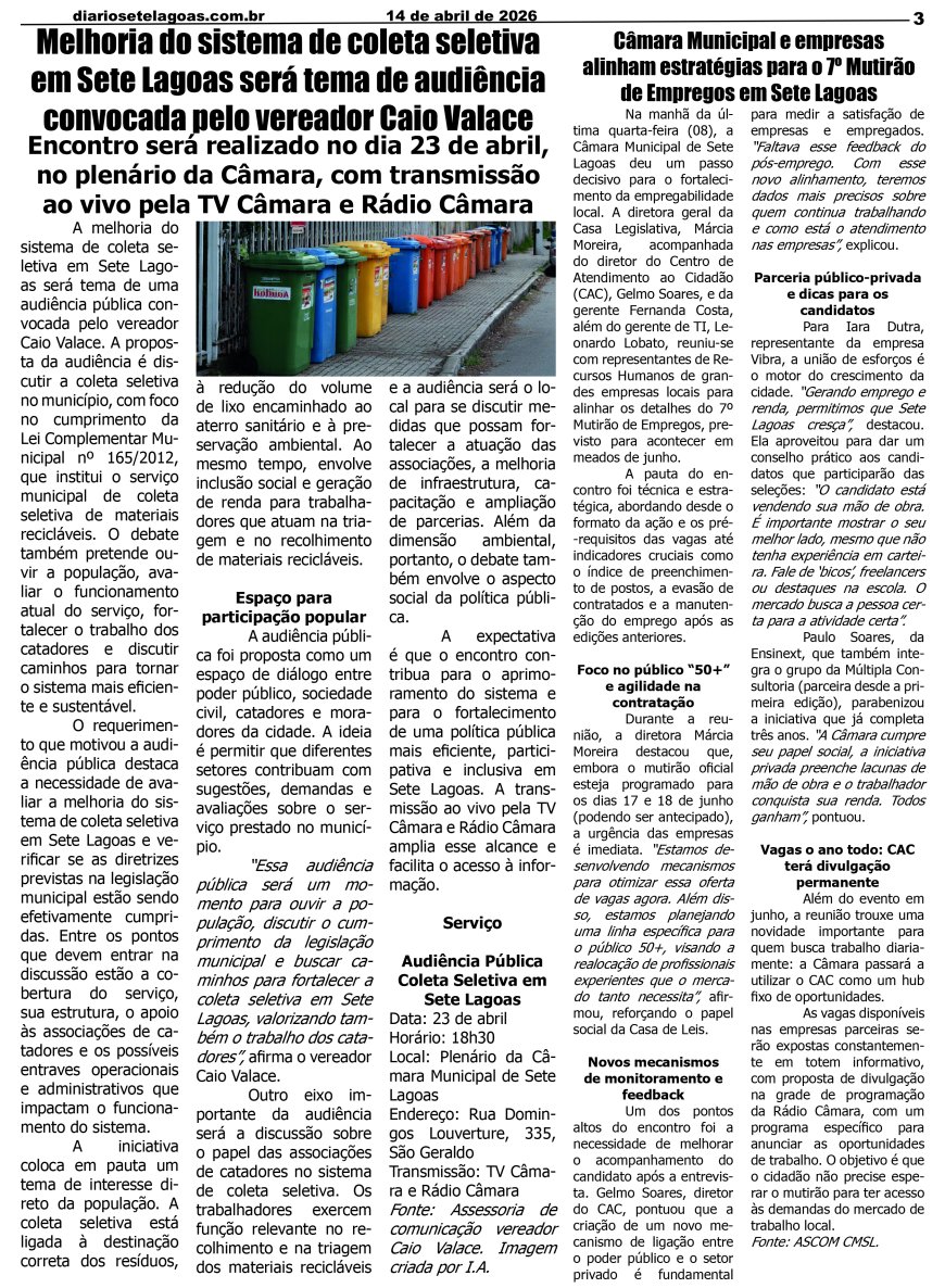 Jornal Diário Sete Lagoas de terça-feira dia 14 de abril de 2026