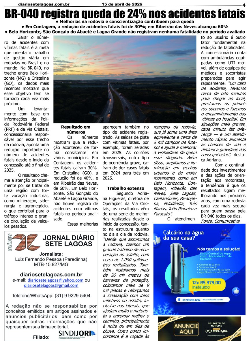 Jornal Diário Sete Lagoas de quarta-feira dia 15 de abril de 2026