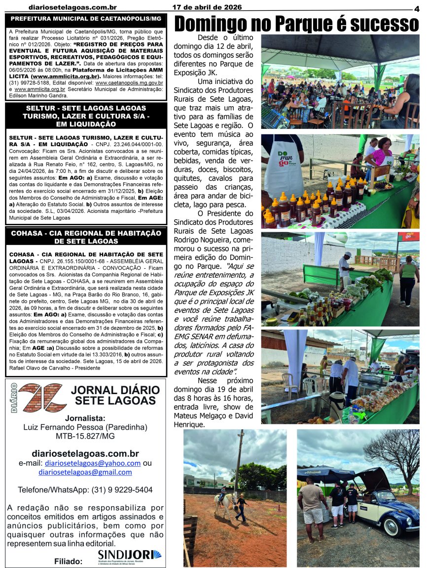 Jornal Diário Sete Lagoas de sexta-feira dia 17 de abril de 2026