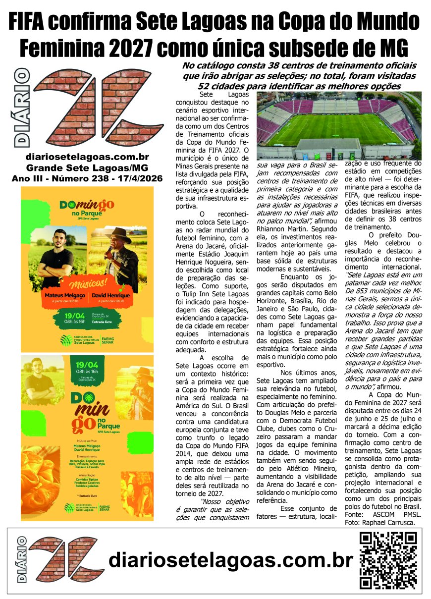 Jornal Diário Sete Lagoas de sexta-feira dia 17 de abril de 2026
