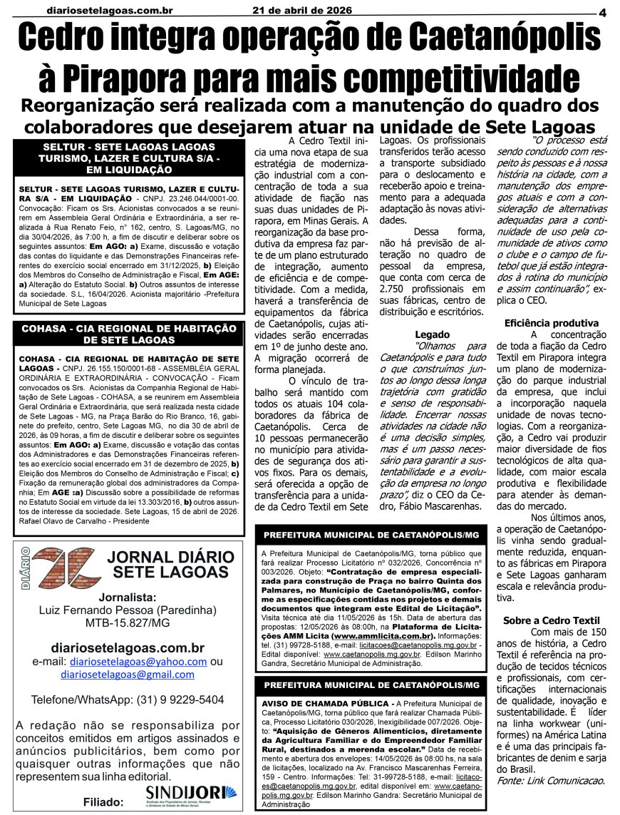 Jornal Diário Sete Lagoas de terça-feira dia 21 de abril de 2026
