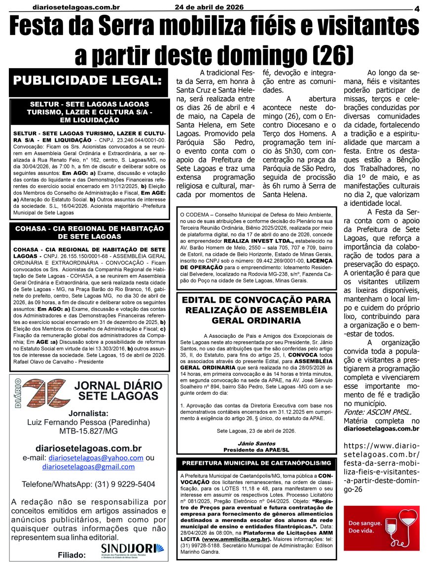 Jornal Diário Sete Lagoas de sexta-feira dia 24 de abril de 2026