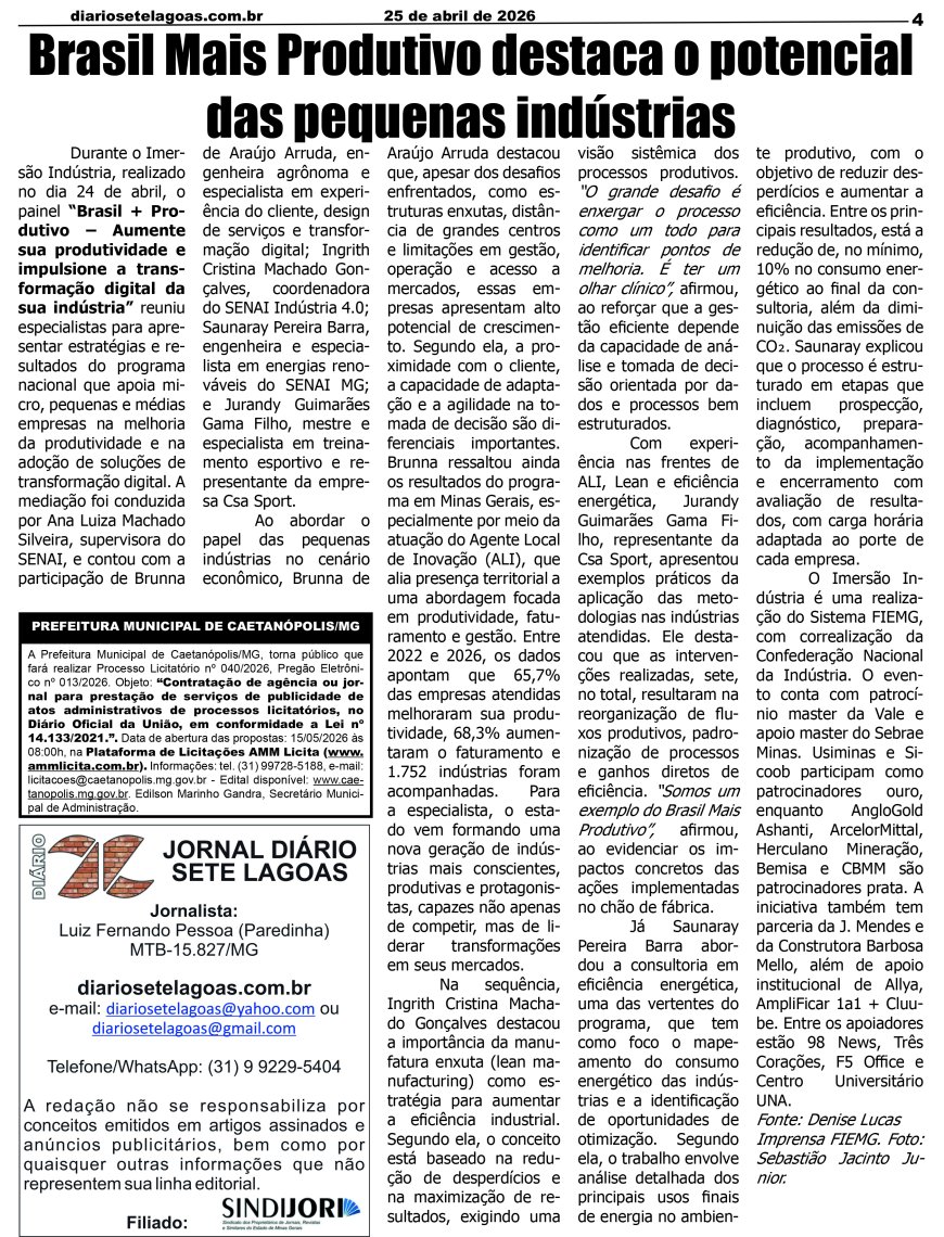 Jornal Diário Sete Lagoas de sábado dia 25 de abril de 2026