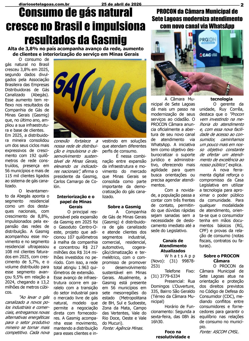 Jornal Diário Sete Lagoas de sábado dia 25 de abril de 2026