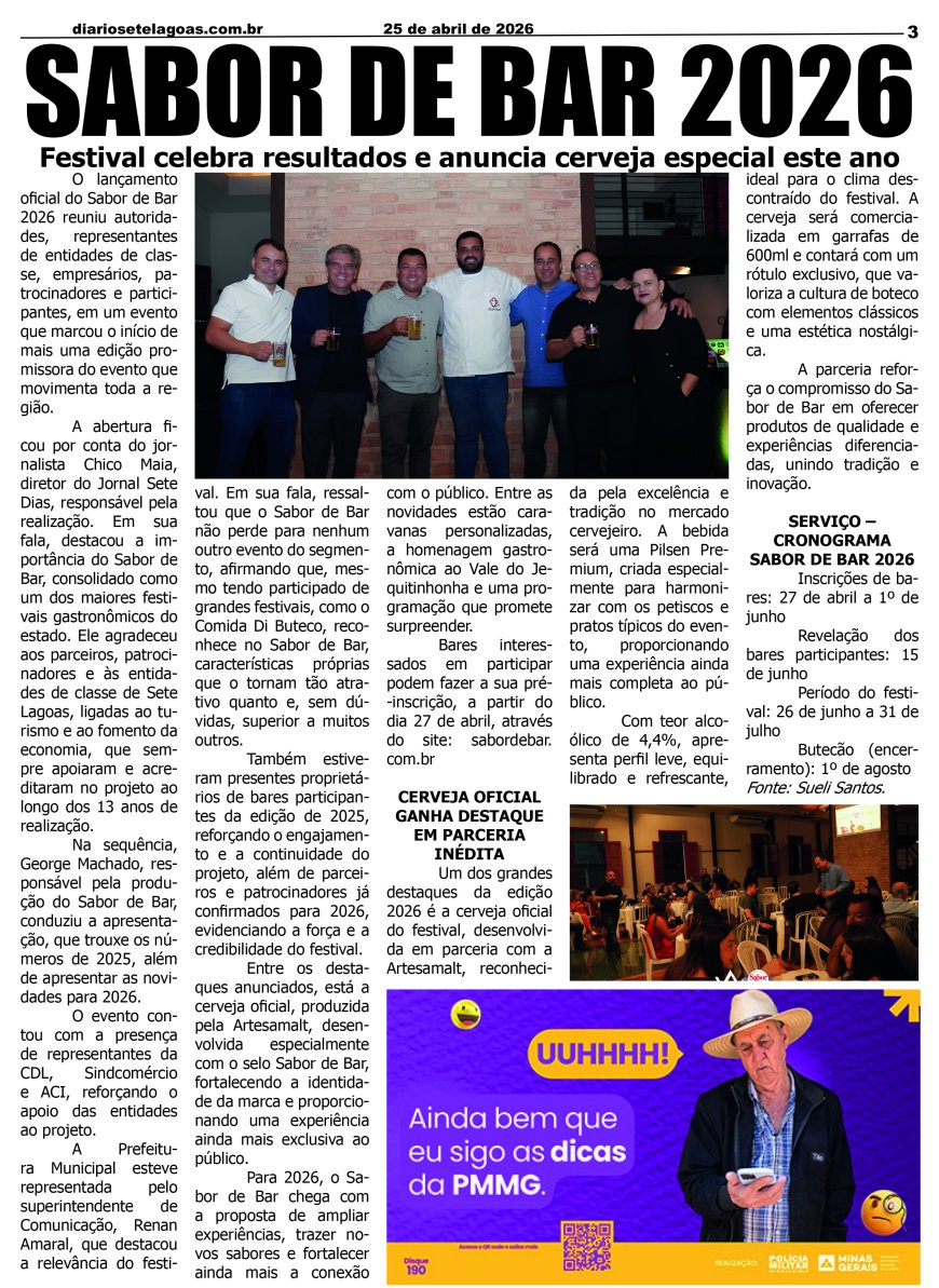 Jornal Diário Sete Lagoas de sábado dia 25 de abril de 2026