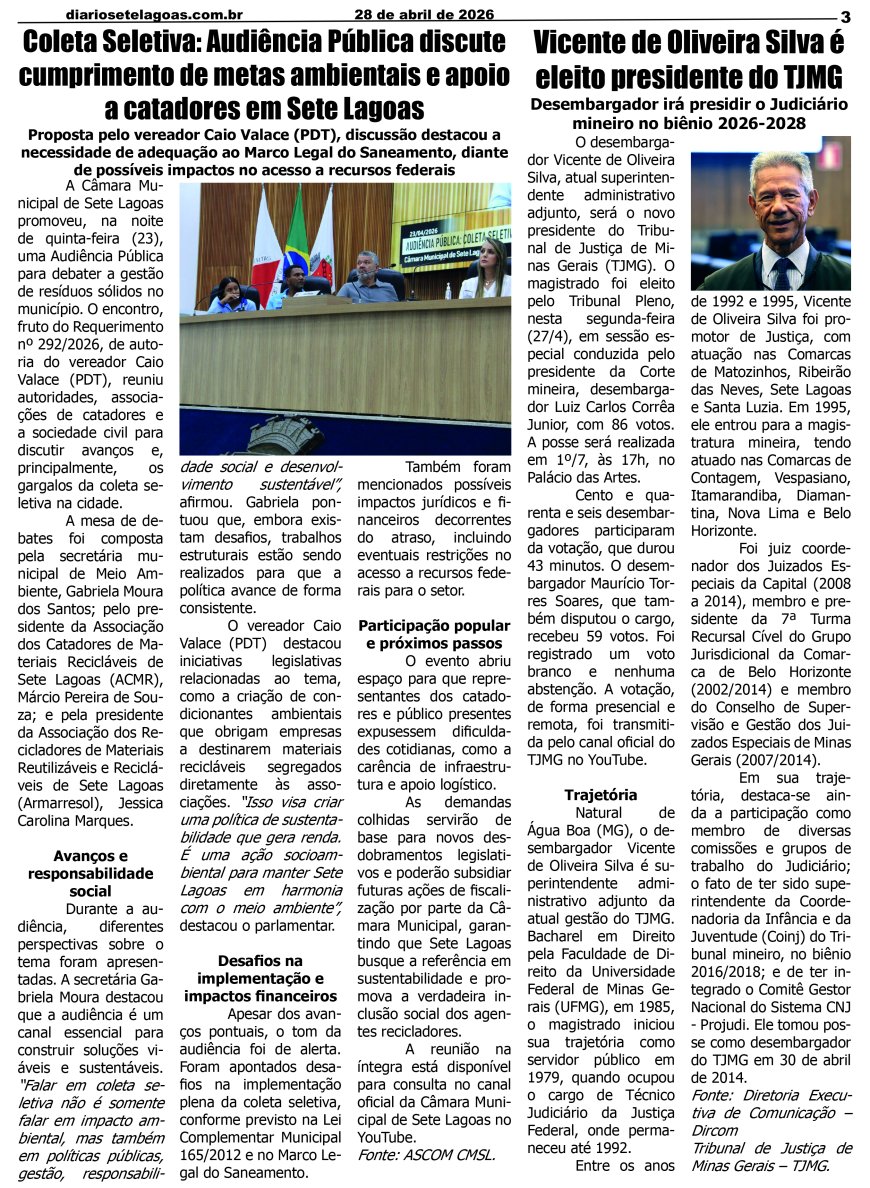 Jornal Diário Sete Lagoas de terça dia 28 de abril de 2026