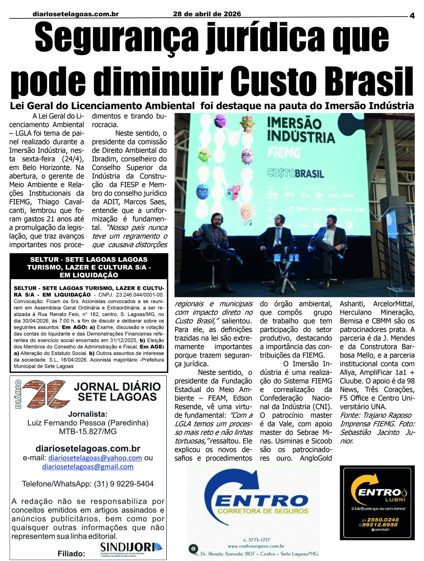 Jornal Diário Sete Lagoas de terça dia 28 de abril de 2026