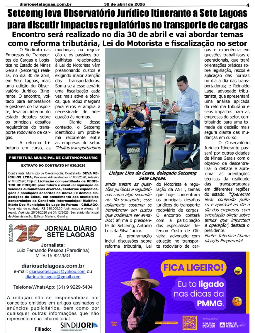 Jornal Diário Sete Lagoas de quinta-feira dia 30 de abril de 2026