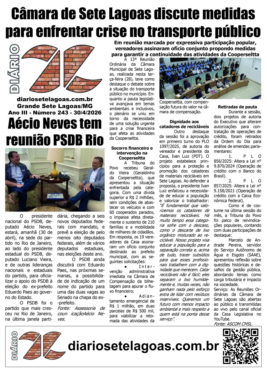 Jornal Diário Sete Lagoas de quinta-feira dia 30 de abril de 2026