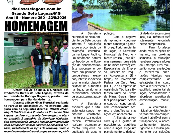 Jornal Diário Sete Lagoas de sexta-feira dia 22 de maio de 2026
