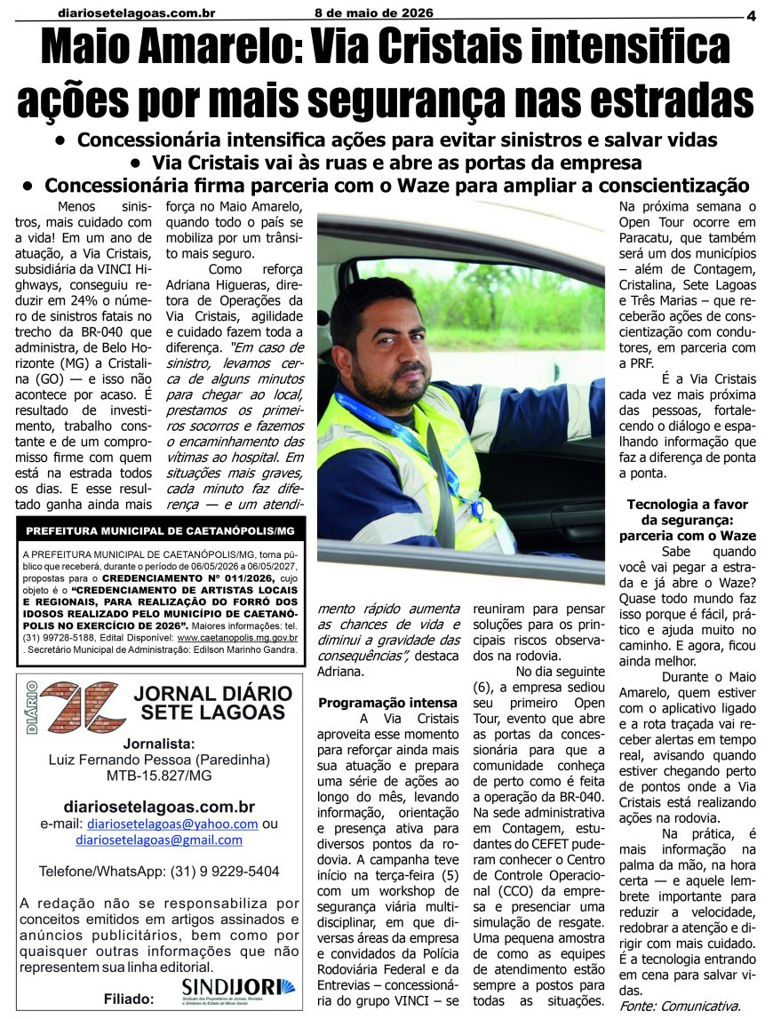Jornal Diário Sete Lagoas de sexta-feira dia 8 de maio de 2026