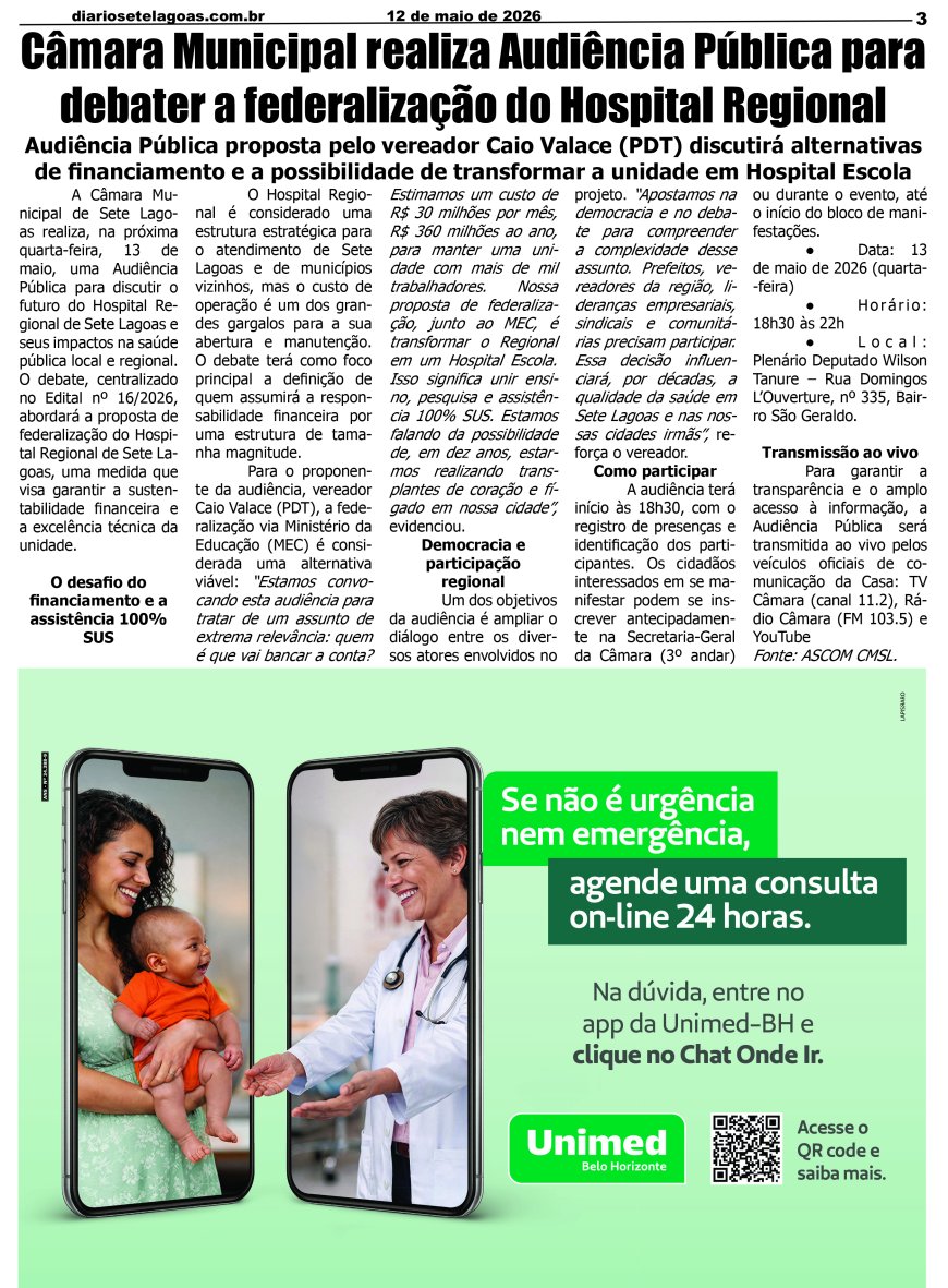 Jornal Diário Sete Lagoas de terça-feira dia 12 de maio de 2026