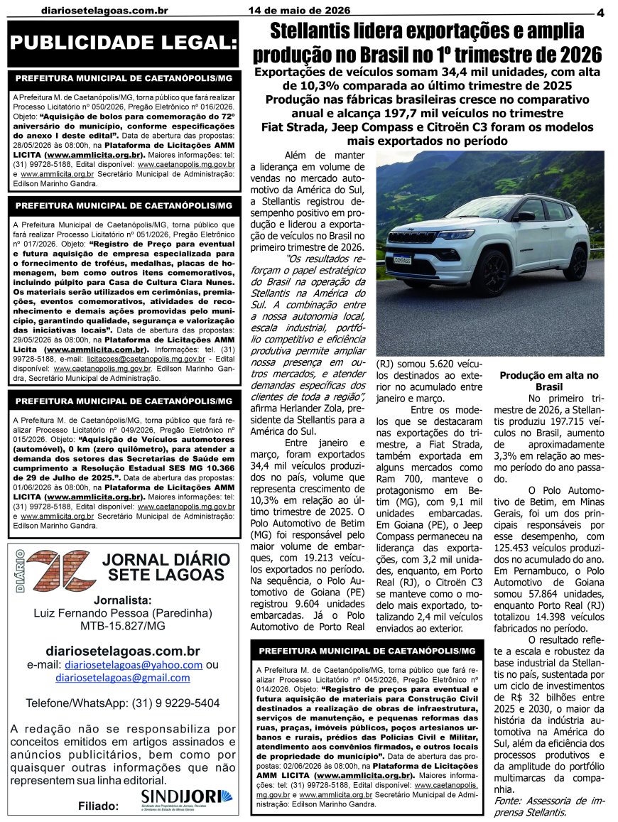 Jornal Diário Sete Lagoas de quinta-feira dia 14 de maio de 2026