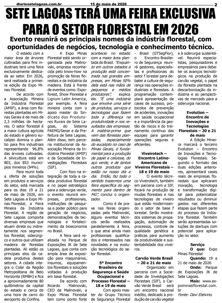 Jornal Diário Sete Lagoas de sexta-feira dia 15 de maio de 2026