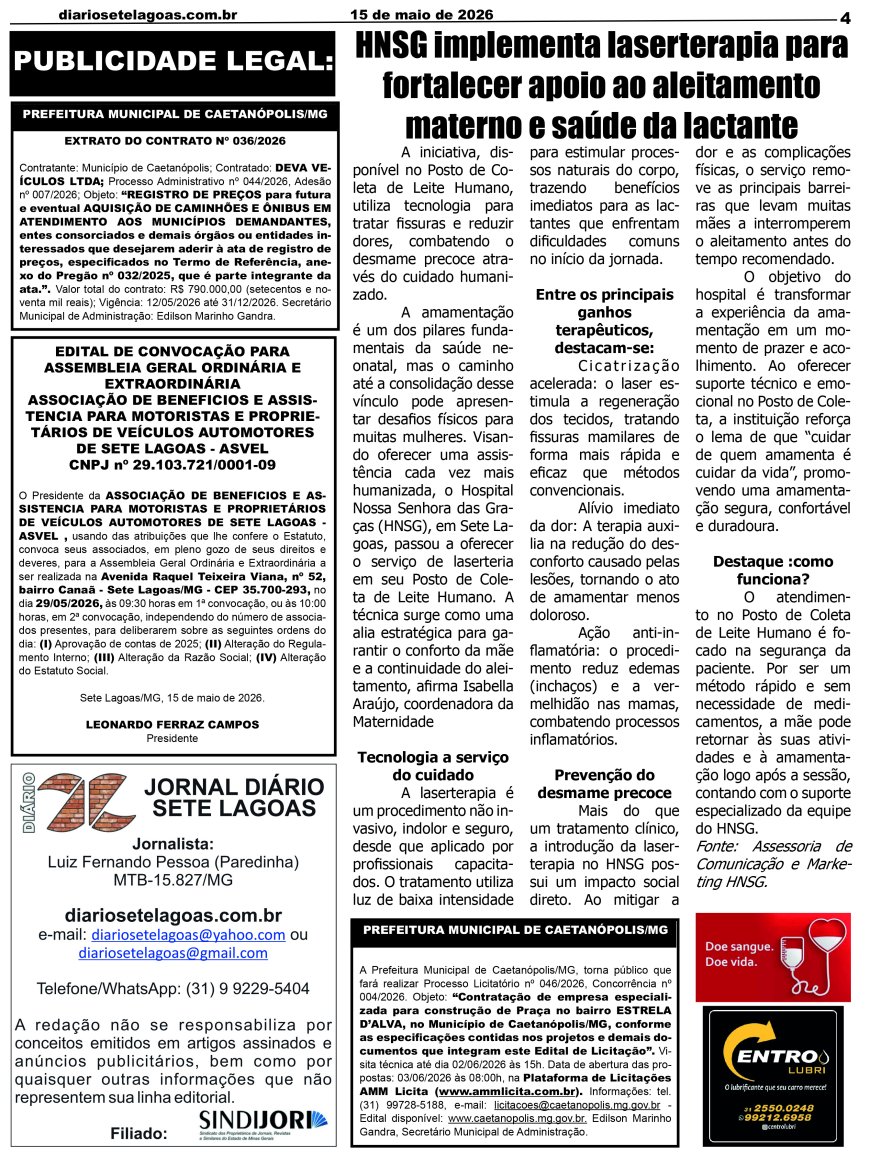 Jornal Diário Sete Lagoas de sexta-feira dia 15 de maio de 2026