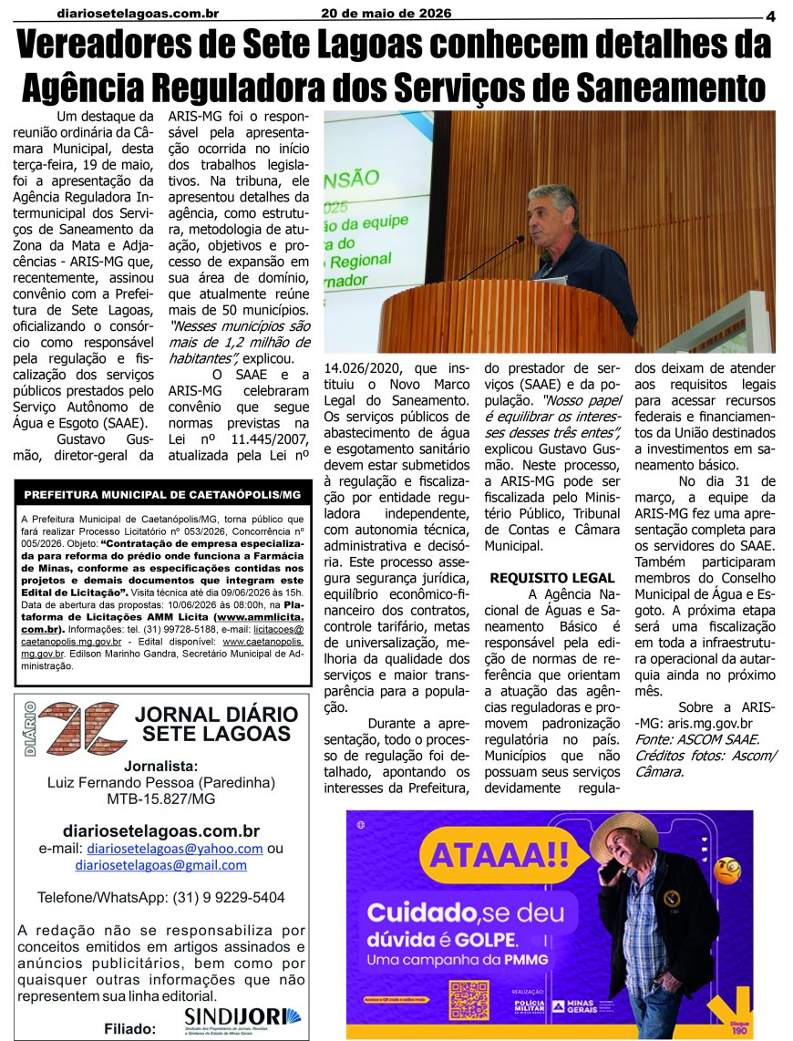 Jornal Diário Sete Lagoas de quarta-feira dia 20 de maio de 2026