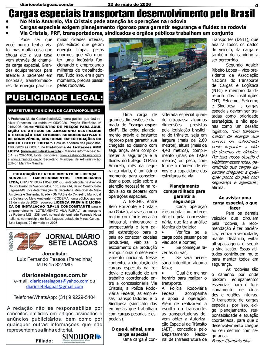 Jornal Diário Sete Lagoas de sexta-feira dia 22 de maio de 2026
