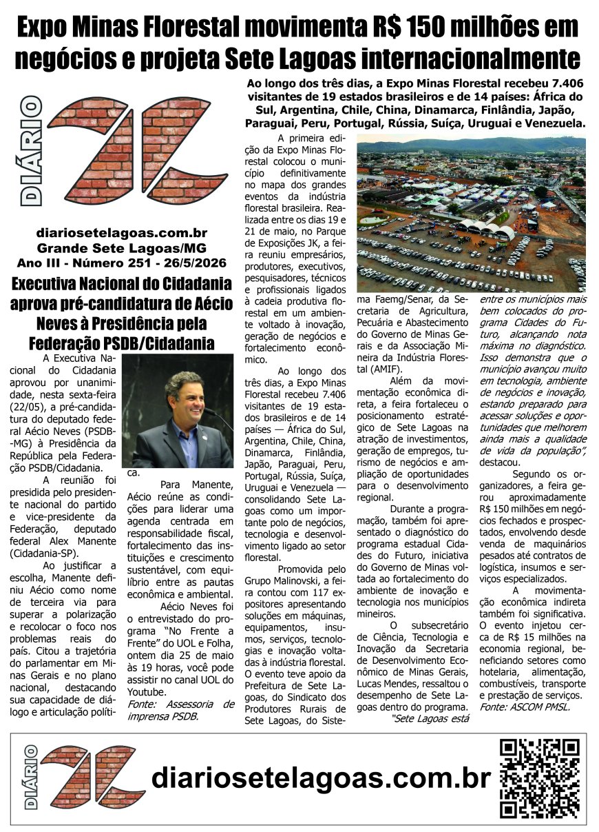 Jornal Diário Sete Lagoas de terça-feira dia 26 de maio de 2026