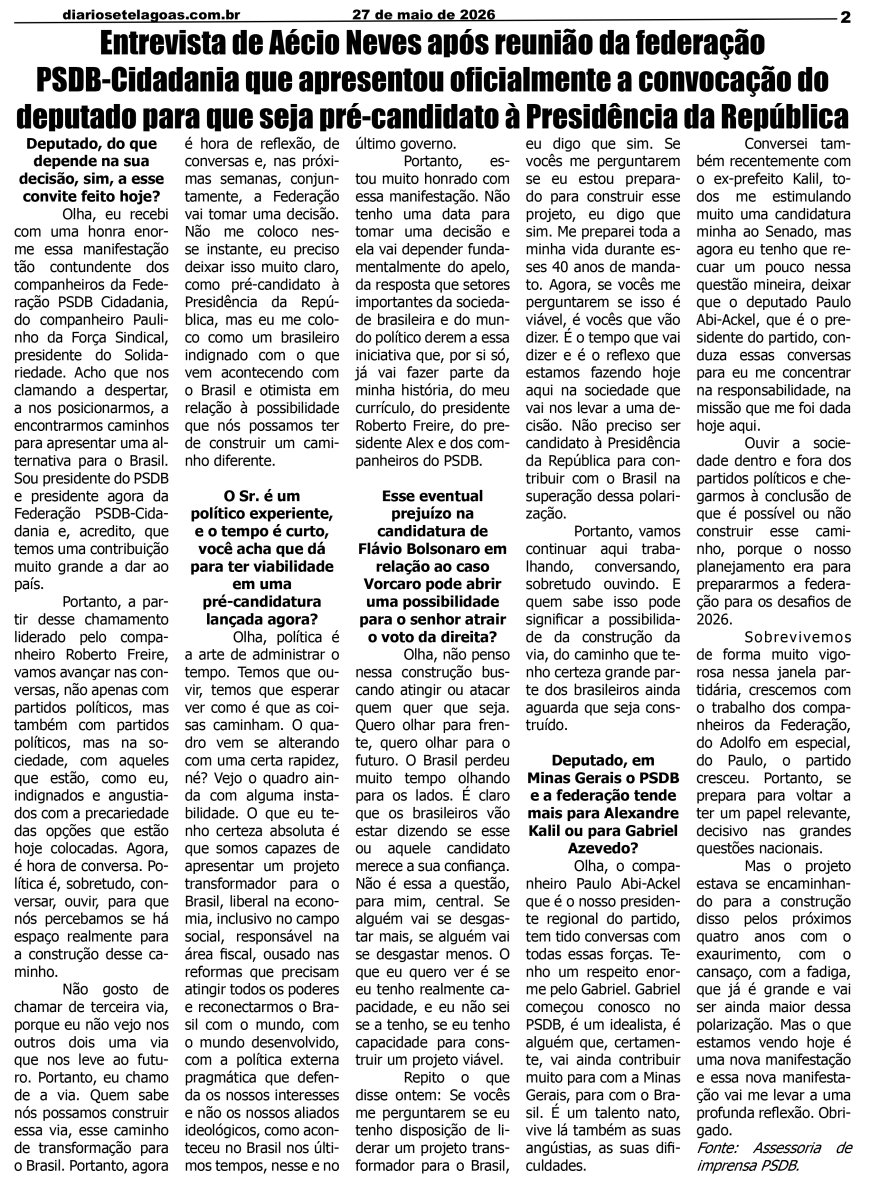 Jornal Diário Sete Lagoas de quarta-feira dia 27 de maio de 2026