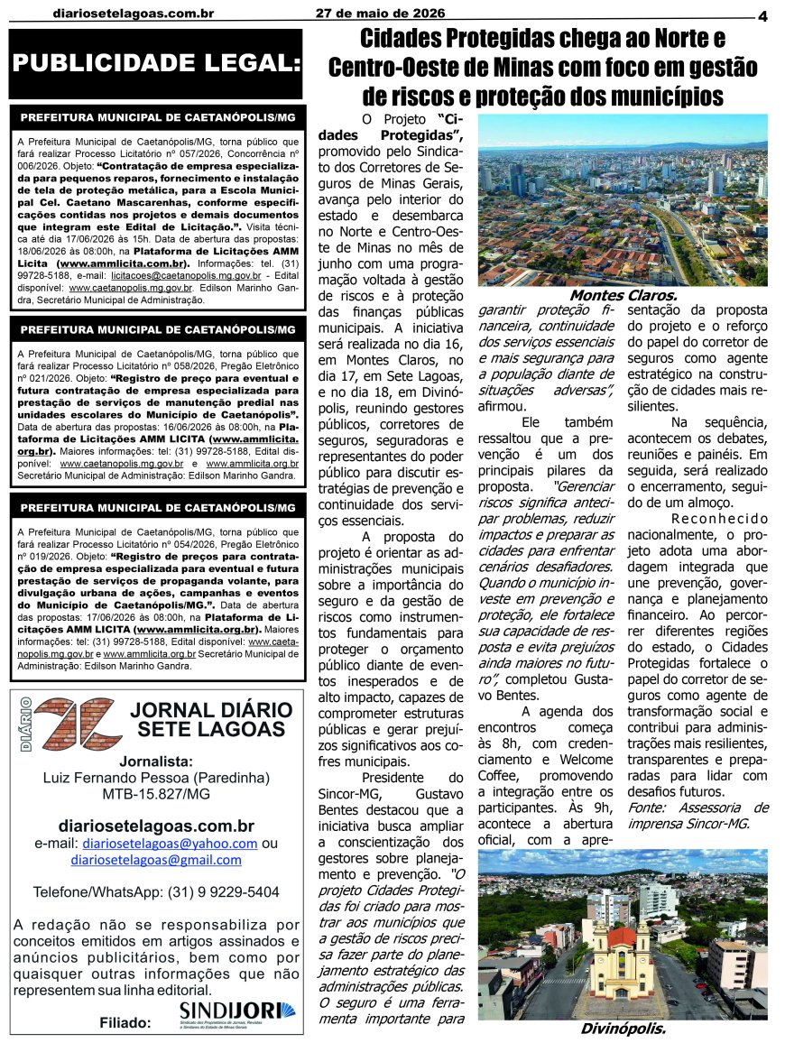 Jornal Diário Sete Lagoas de quarta-feira dia 27 de maio de 2026