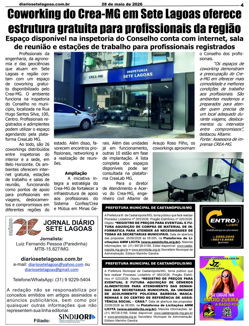 Jornal Diário Sete Lagoas de quinta-feira dia 28 de maio de 2026