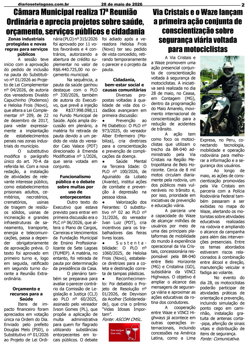 Jornal Diário Sete Lagoas de quinta-feira dia 28 de maio de 2026