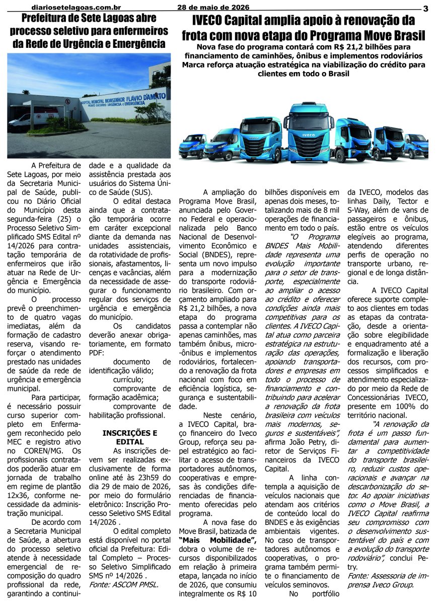 Jornal Diário Sete Lagoas de quinta-feira dia 28 de maio de 2026