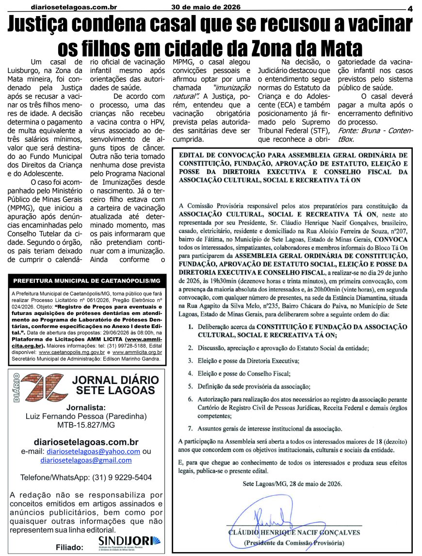 Jornal Diário Sete Lagoas de sábado dia 30 de maio de 2026