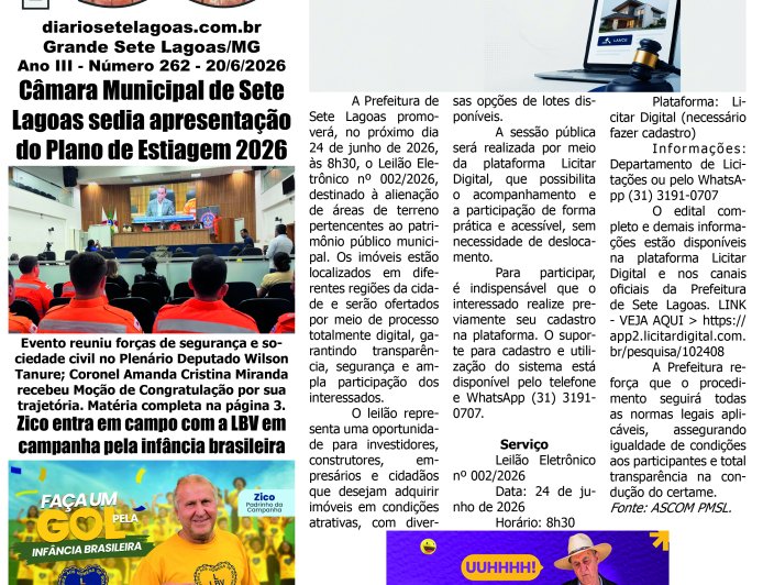 Jornal Diário Sete Lagoas de sábado dia 20 de junho de 2026