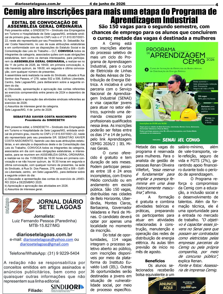 Jornal Diário Sete Lagoas de quinta-feira dia 4 de junho de 2026