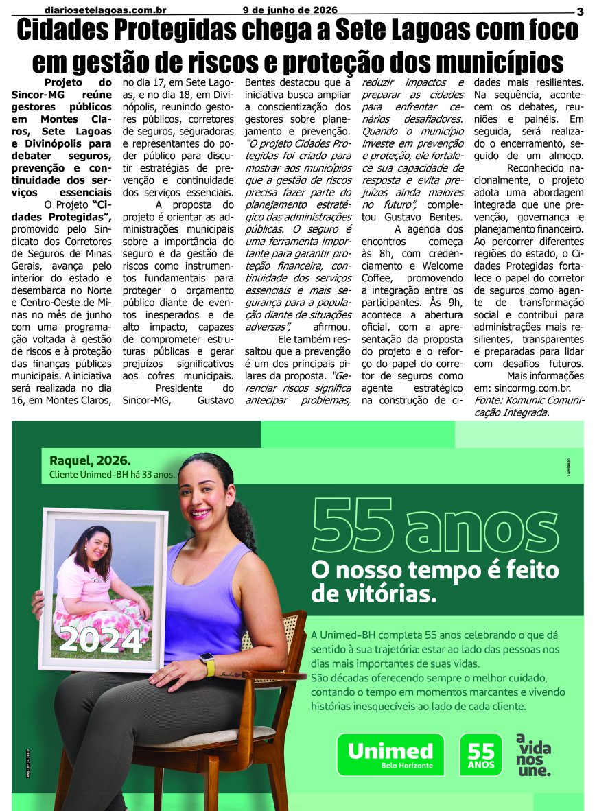 Jornal Diário Sete Lagoas de terça-feira dia 9 de junho de 2026