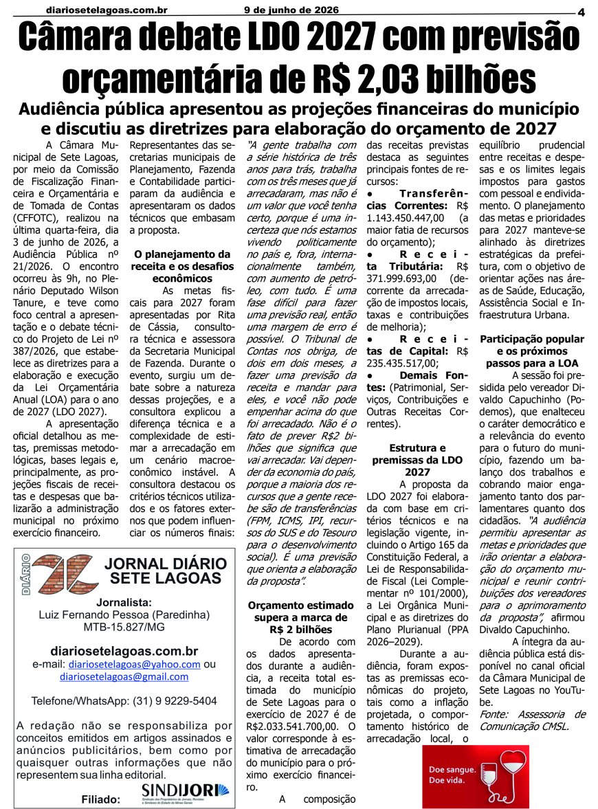 Jornal Diário Sete Lagoas de terça-feira dia 9 de junho de 2026