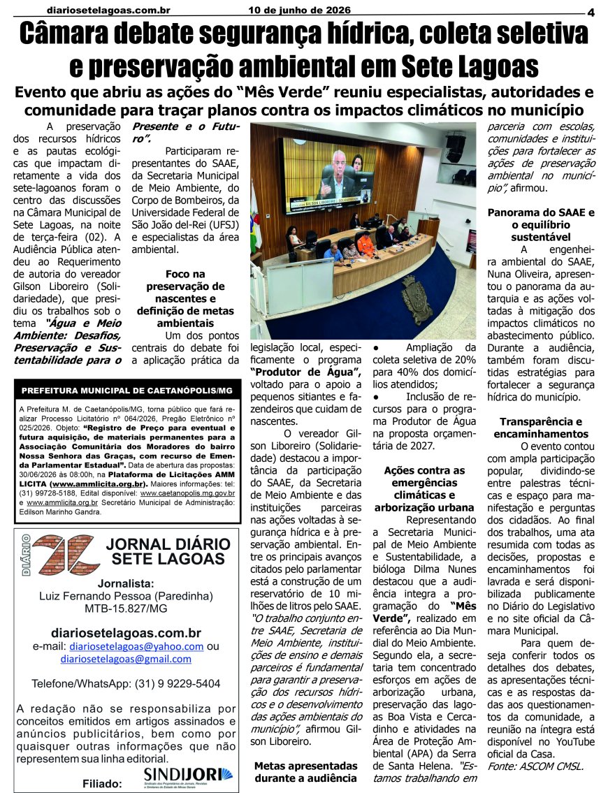 Jornal Diário Sete Lagoas de quarta-feira dia 10 de junho de 2026
